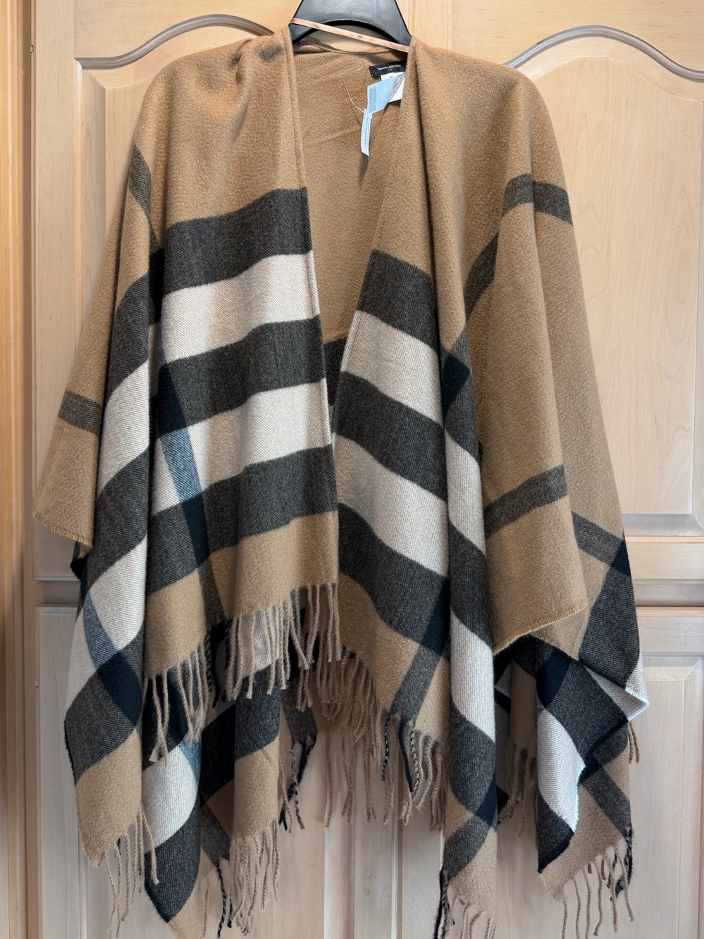 Banana Republic Camel, Black & Cream Plaid Fringe Wrap Cape